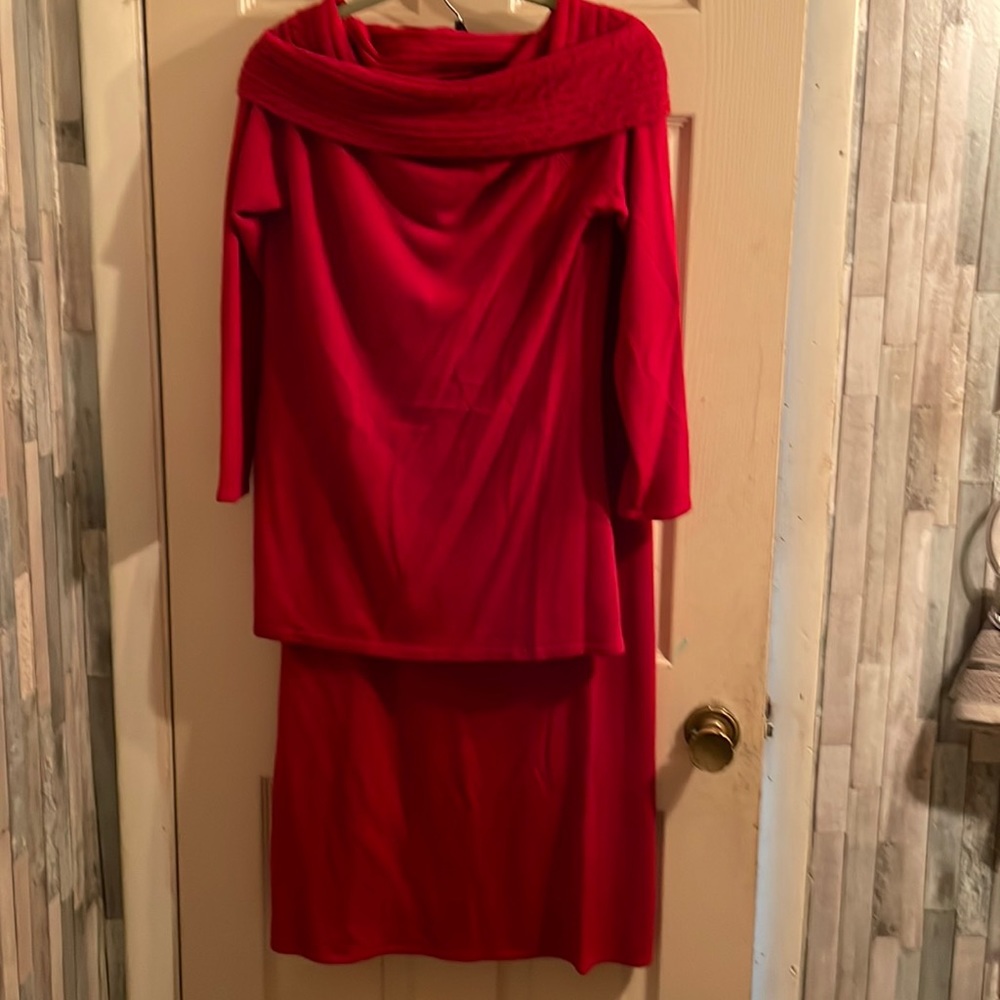 Size medium, never worn red two pc sweater set cowl or off shoulder too w/ skirt